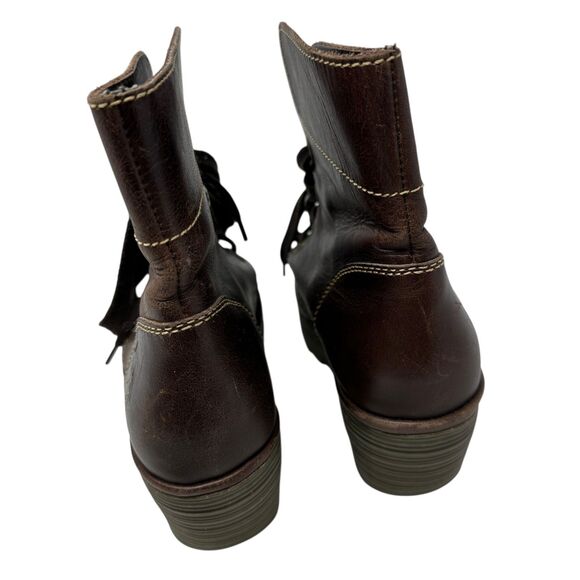 Fly London Dark Brown Leather Lace Up Yip Ruched Ankle Wedge Boots Size 39 -8/5 - Picture 2 of 8
